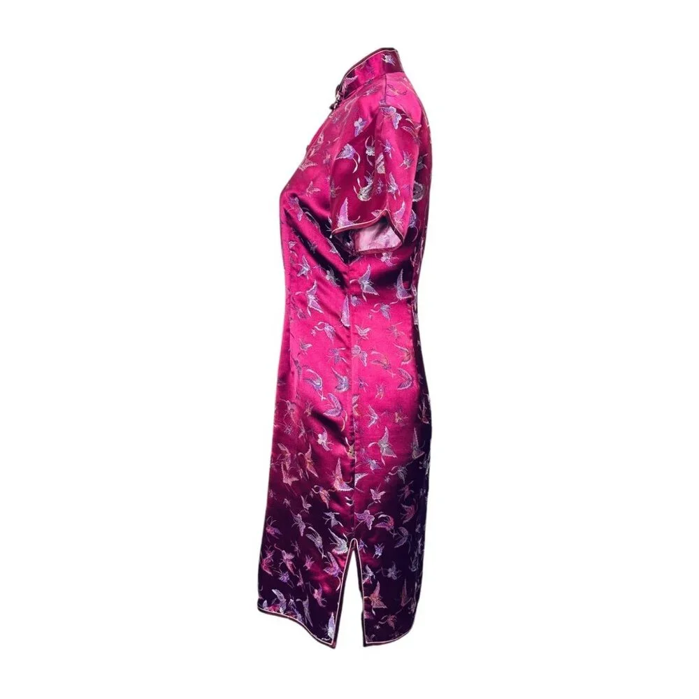 Vintage Satin Cheongsam Dress Short Sleeve Knee Length Butterfly Print - Picture 3 of 8